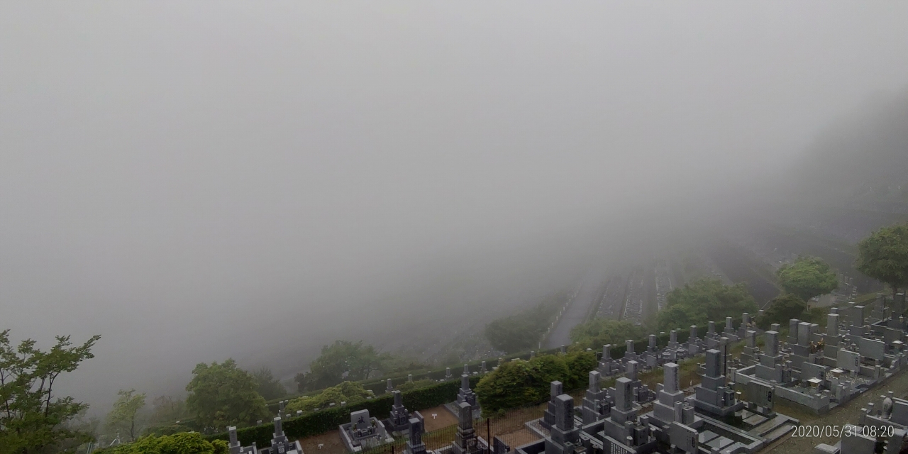 7区3番上段駐車場から階段墓域風景（濃霧）