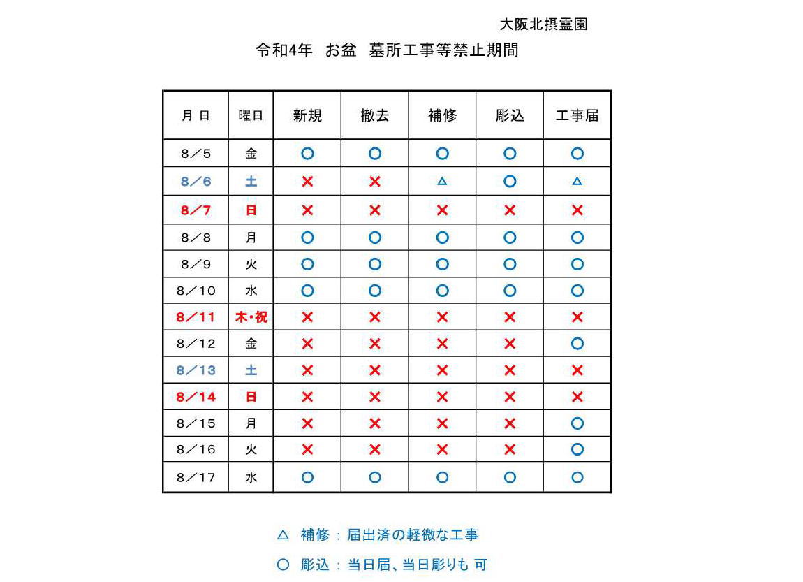 お盆工事禁止日