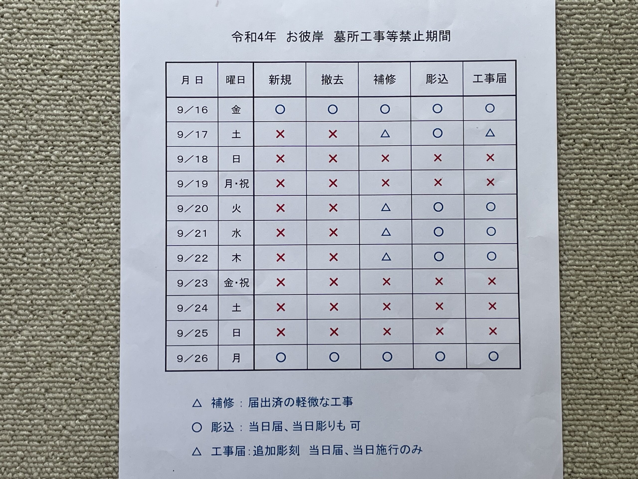 令和4年お彼岸工事禁止日